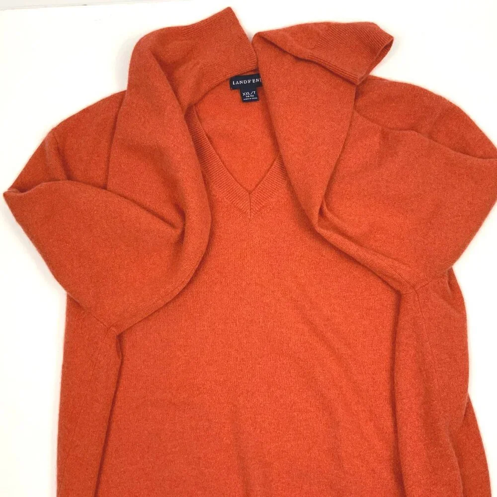 Men's Lands' End v-Neck 100% Cashmere Pullover Sweater Orange/Terracotta Sz XXL